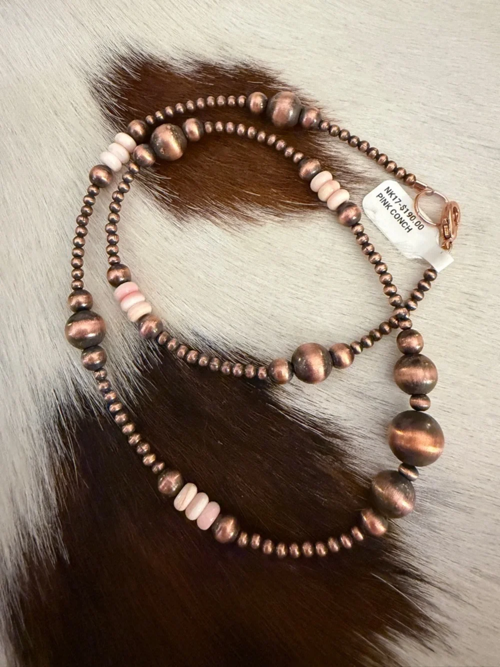 ❤️ Oxidized Copper Desert Pearl Queen Pink Conch Rondel Beads 21” Necklace 29.3G